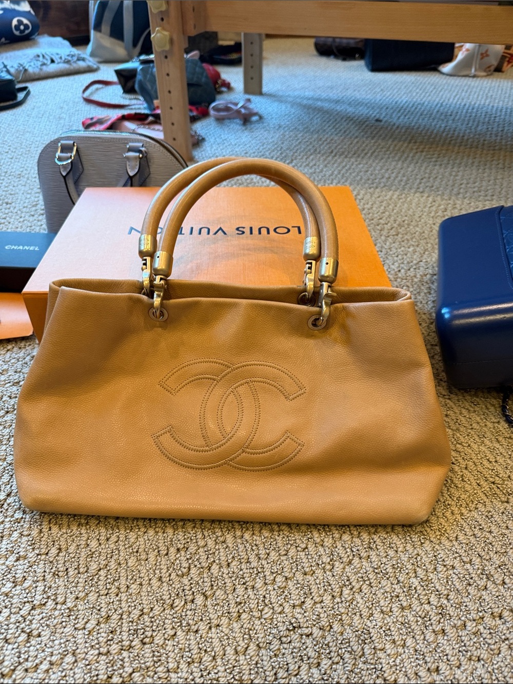 CHANEL Camel Leather Double C Top-Handle Shoulder Bag